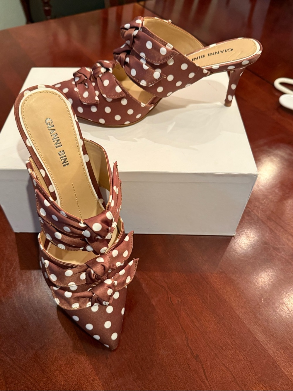 Gianni Bini Polka Dot Bow-Accent Kitten Heels - Brown/White - Picture 2 of 8